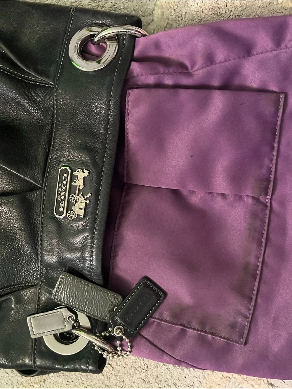 COACH Black Leather Shoulder Bag with Signature Charm